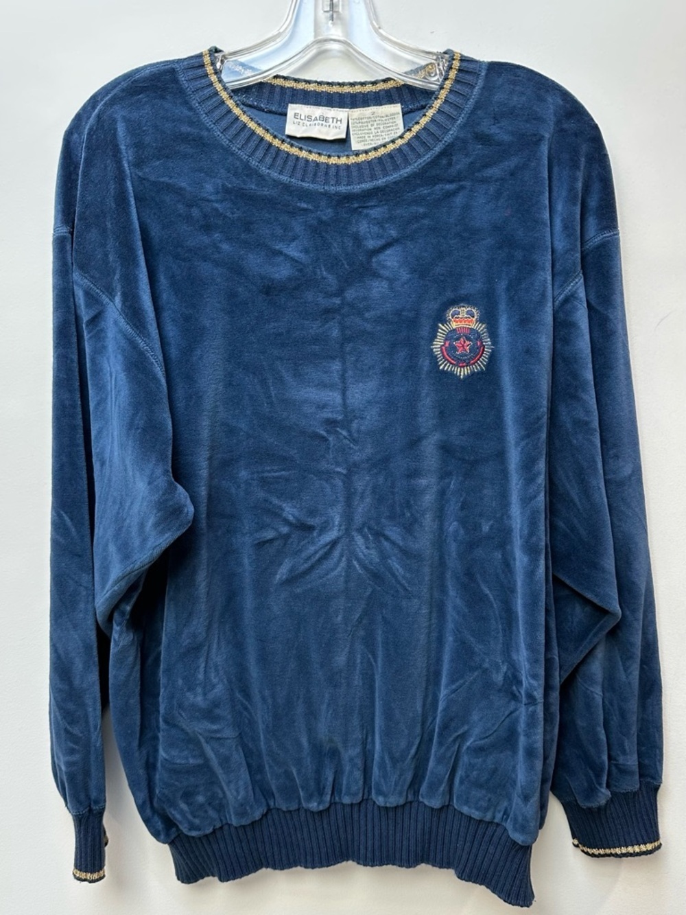 Vtg Elisabeth Liz Claiborne Navy Velour Crewneck with Gold Trim women’s